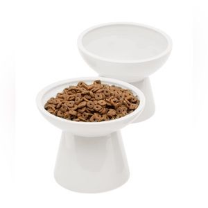 Set Of 2 Raised Cat Food Bowls Elevated Wide Ceramic Pet Feeding Bowls Used